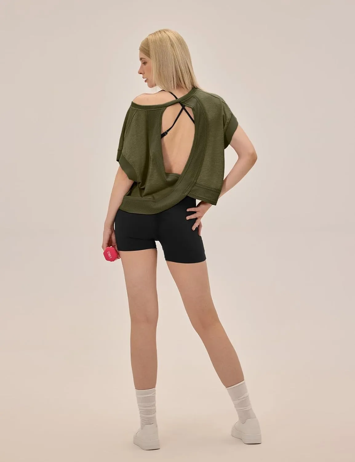 Open Back Workout Tops for Women Loose Fit Athletic Crop Tee Short Sleeve Gym Running Yoga Shirt