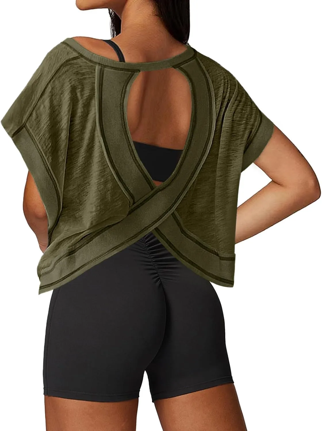 Open Back Workout Tops for Women Loose Fit Athletic Crop Tee Short Sleeve Gym Running Yoga Shirt