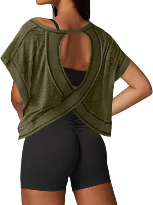 Open Back Workout Tops for Women Loose Fit Athletic Crop Tee Short Sleeve Gym Running Yoga Shirt