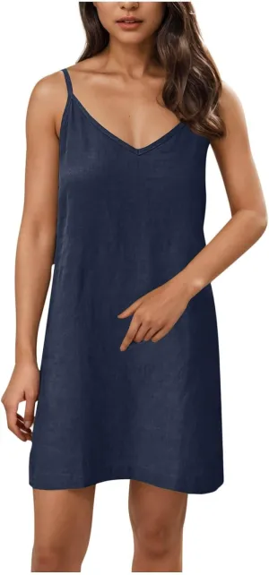 Oplxuo Women Casual Summer Beach Dresses Solid Color Spaghetti Strap Sundress V Neck Sleeveless Mini Dress