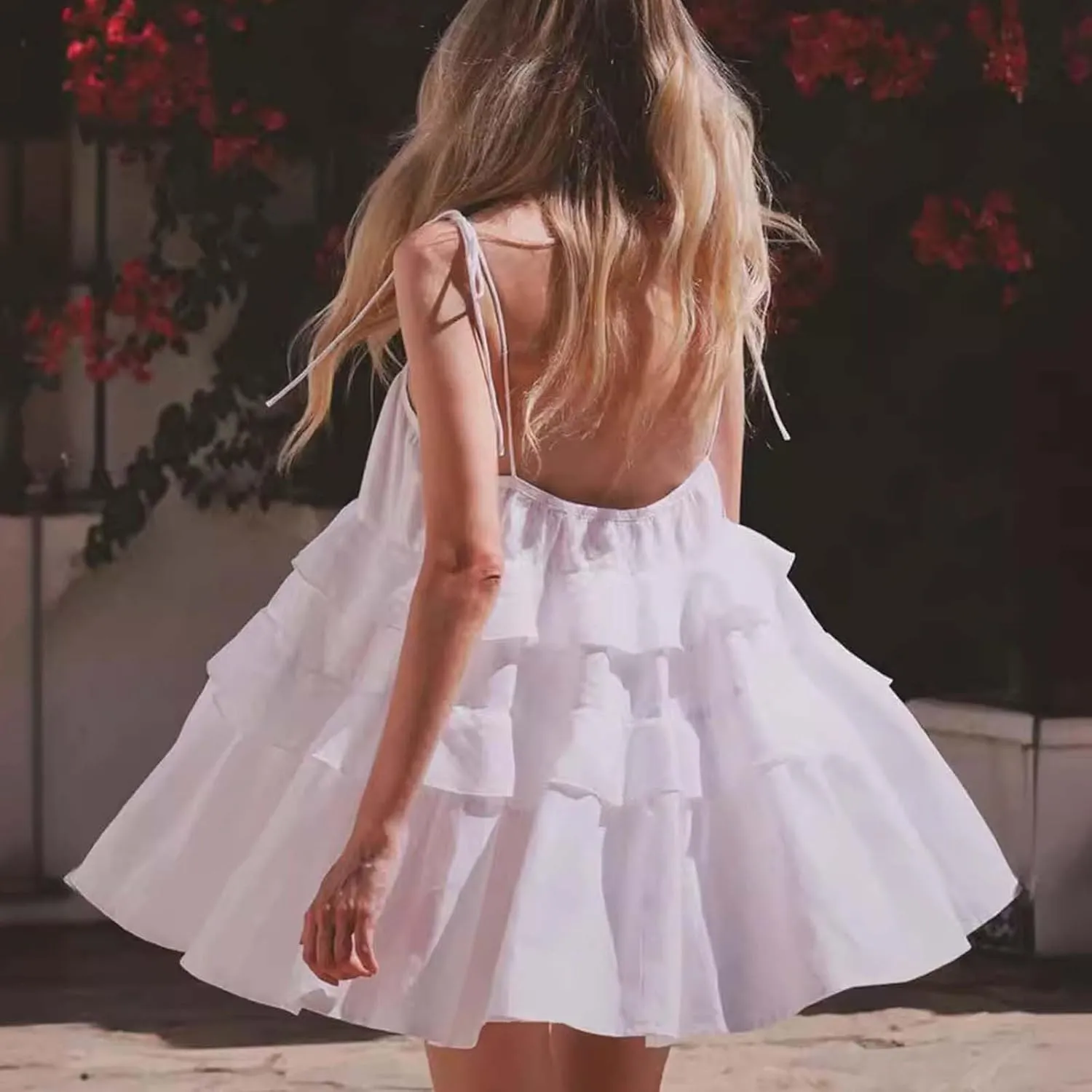 Oplxuo Women's Tie Shoulder Tiered Ruffle Flowy Mini Dress Backless A Line Layered Babydoll Cami Dress Summer Beach Sundress