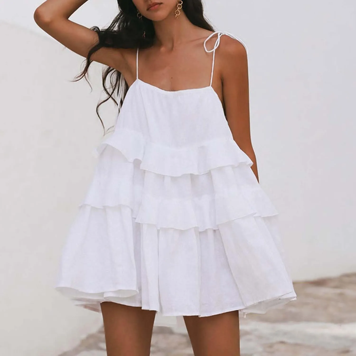 Oplxuo Women's Tie Shoulder Tiered Ruffle Flowy Mini Dress Backless A Line Layered Babydoll Cami Dress Summer Beach Sundress