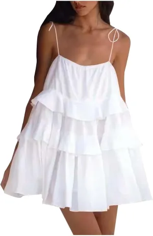 Oplxuo Women's Tie Shoulder Tiered Ruffle Flowy Mini Dress Backless A Line Layered Babydoll Cami Dress Summer Beach Sundress