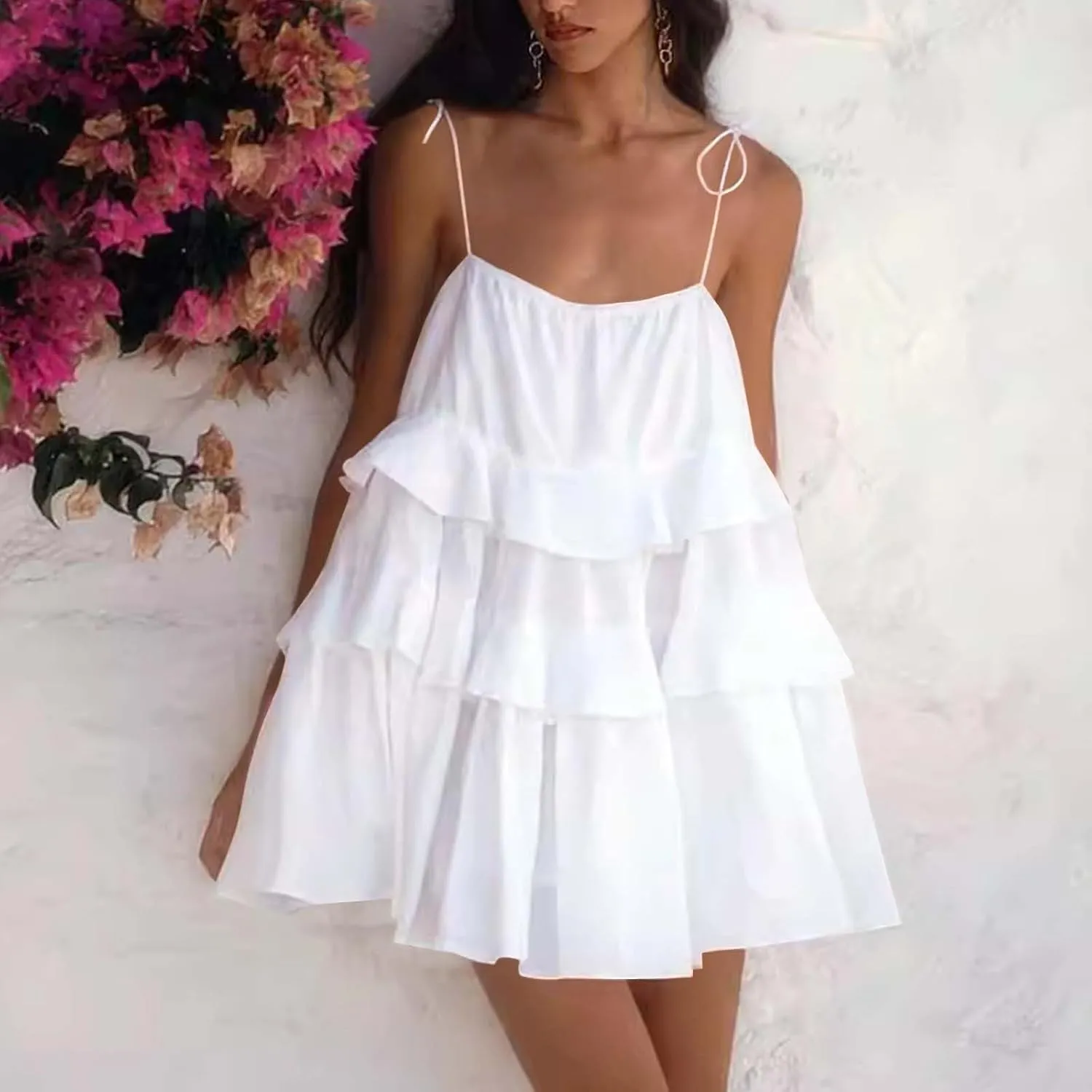 Oplxuo Women's Tie Shoulder Tiered Ruffle Flowy Mini Dress Backless A Line Layered Babydoll Cami Dress Summer Beach Sundress
