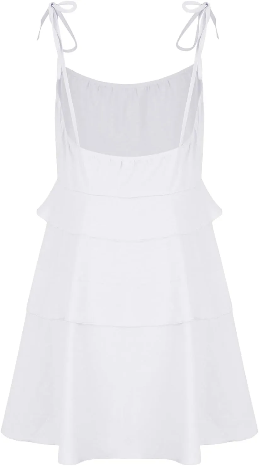 Oplxuo Women's Tie Shoulder Tiered Ruffle Flowy Mini Dress Backless A Line Layered Babydoll Cami Dress Summer Beach Sundress