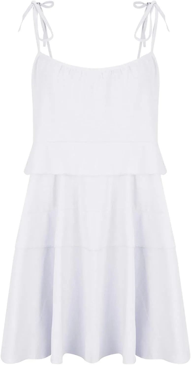 Oplxuo Women's Tie Shoulder Tiered Ruffle Flowy Mini Dress Backless A Line Layered Babydoll Cami Dress Summer Beach Sundress