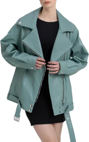 Oversized Leather Jacket Women - Real Lambskin Women's Leather Jacket Plus Size Long Leather Motorcycle Jacket