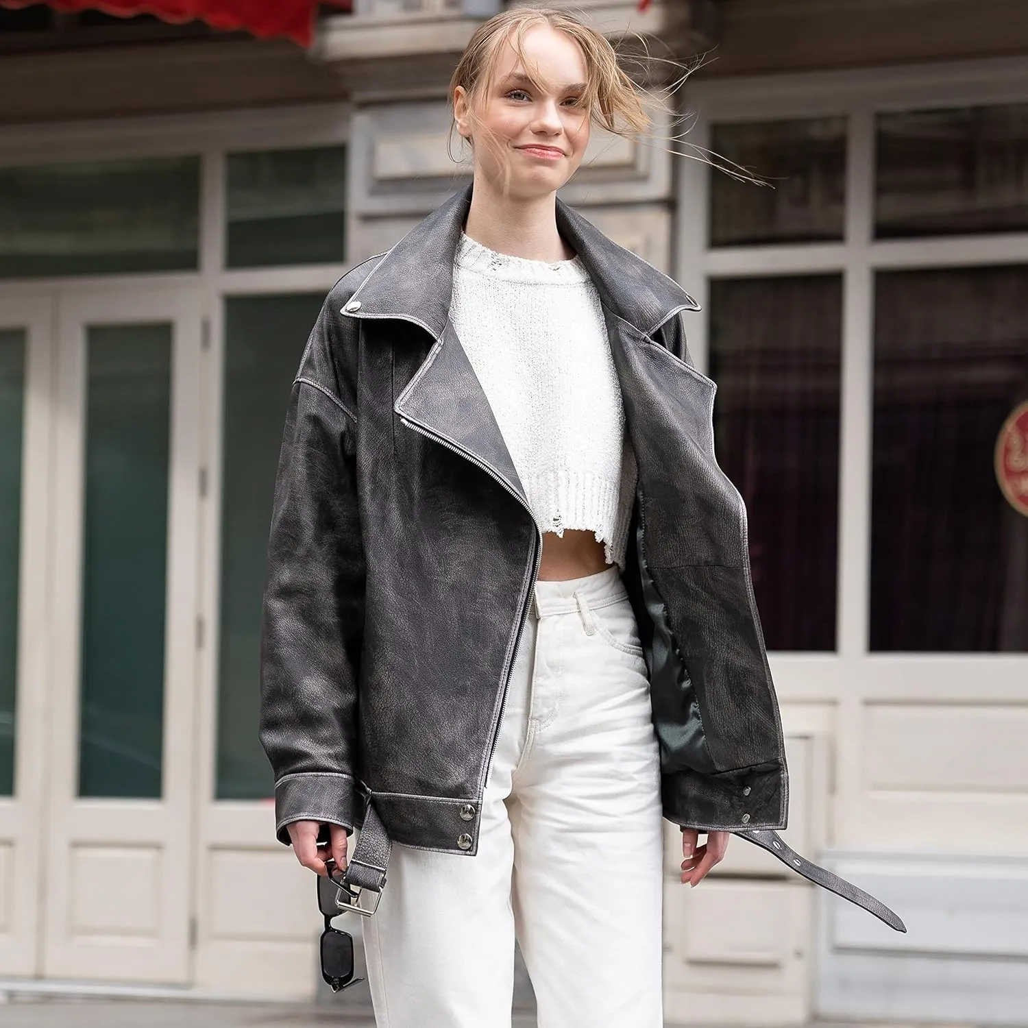Oversized Leather Jacket Women - Real Lambskin Women's Leather Jacket Plus Size Long Leather Motorcycle Jacket