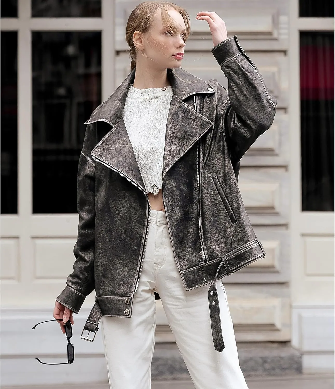 Oversized Leather Jacket Women - Real Lambskin Women's Leather Jacket Plus Size Long Leather Motorcycle Jacket