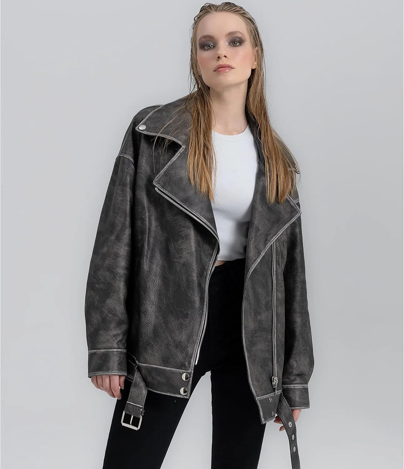 Oversized Leather Jacket Women - Real Lambskin Women's Leather Jacket Plus Size Long Leather Motorcycle Jacket