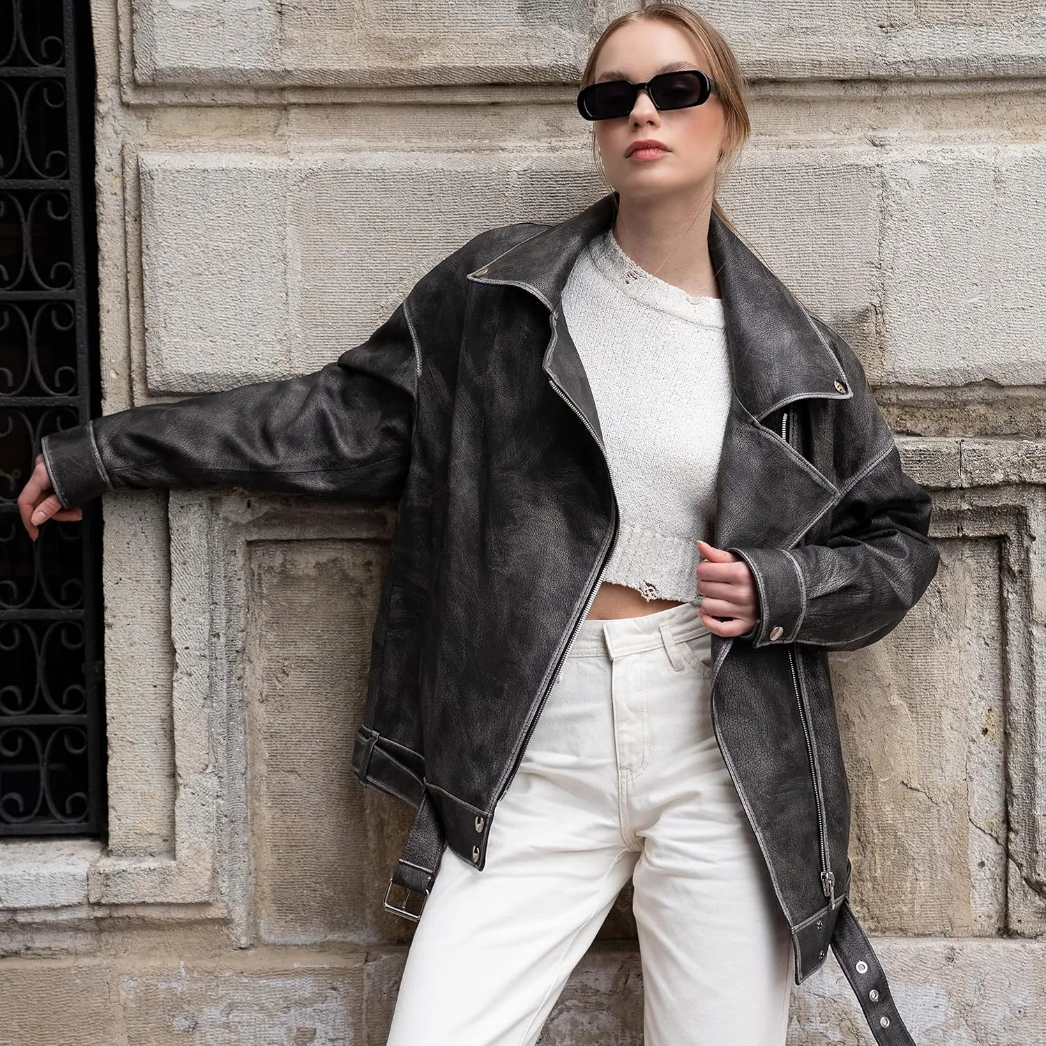 Oversized Leather Jacket Women - Real Lambskin Women's Leather Jacket Plus Size Long Leather Motorcycle Jacket