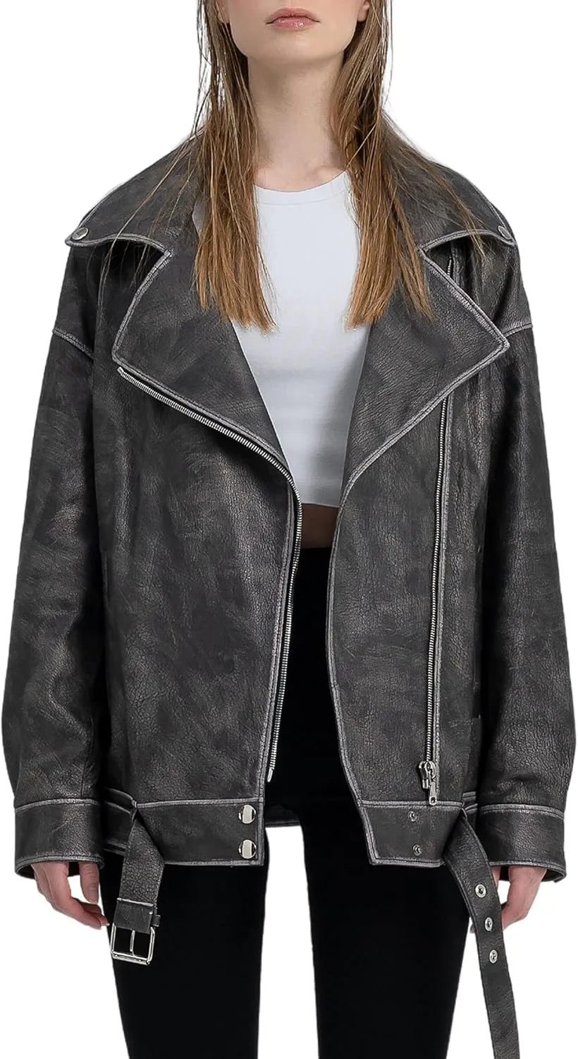 Oversized Leather Jacket Women - Real Lambskin Women's Leather Jacket Plus Size Long Leather Motorcycle Jacket