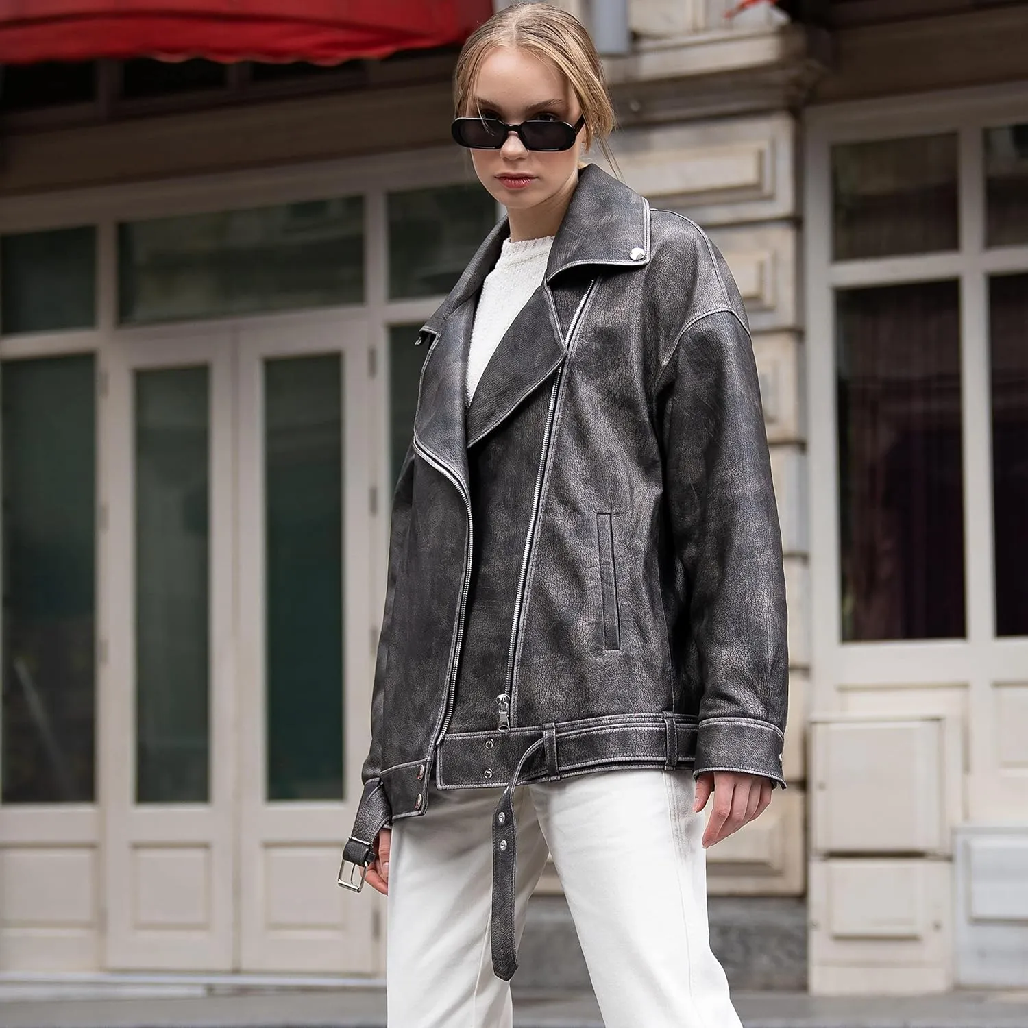 Oversized Leather Jacket Women - Real Lambskin Women's Leather Jacket Plus Size Long Leather Motorcycle Jacket