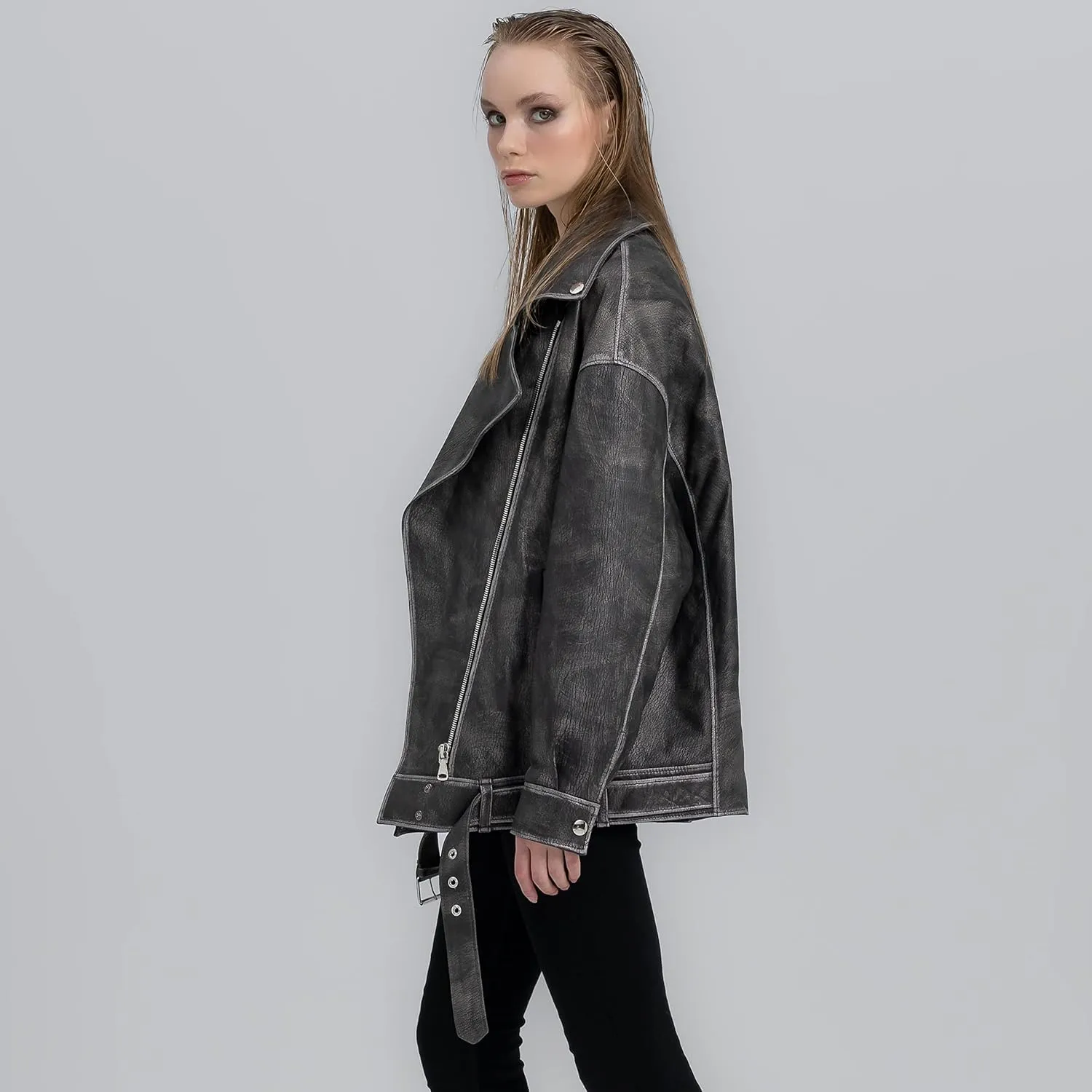 Oversized Leather Jacket Women - Real Lambskin Women's Leather Jacket Plus Size Long Leather Motorcycle Jacket