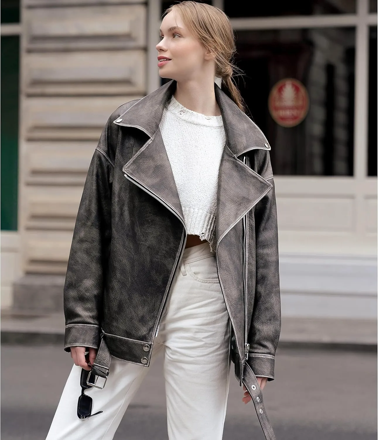 Oversized Leather Jacket Women - Real Lambskin Women's Leather Jacket Plus Size Long Leather Motorcycle Jacket