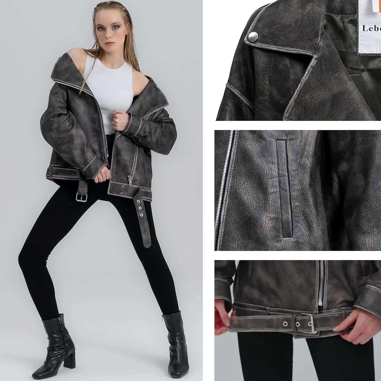 Oversized Leather Jacket Women - Real Lambskin Women's Leather Jacket Plus Size Long Leather Motorcycle Jacket