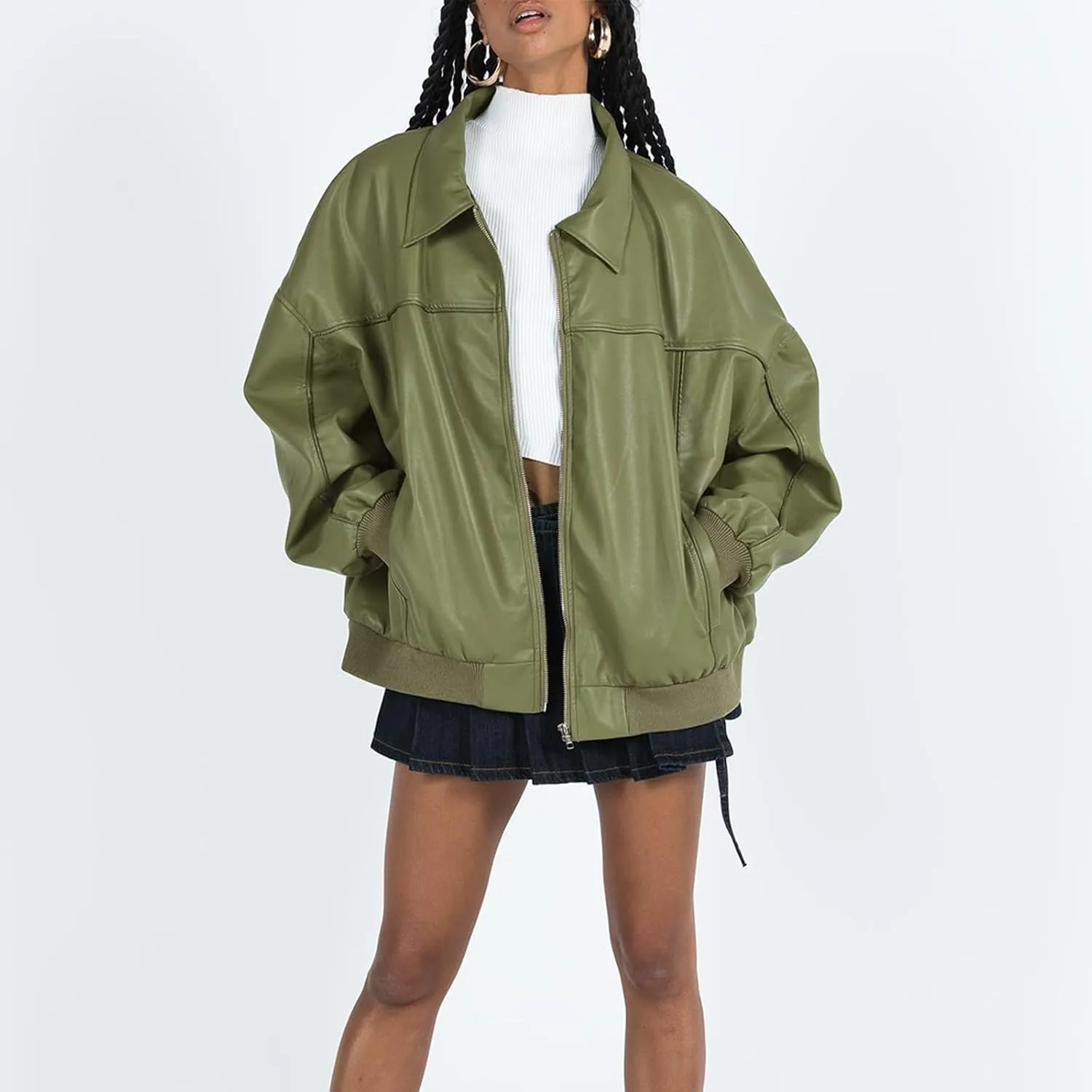 Owl's-Yard Women Leather Biker Jacket Long Sleeves Zip Up Motorcycle Jacket PU Moto Varsity Bomber Jackets Streetwear