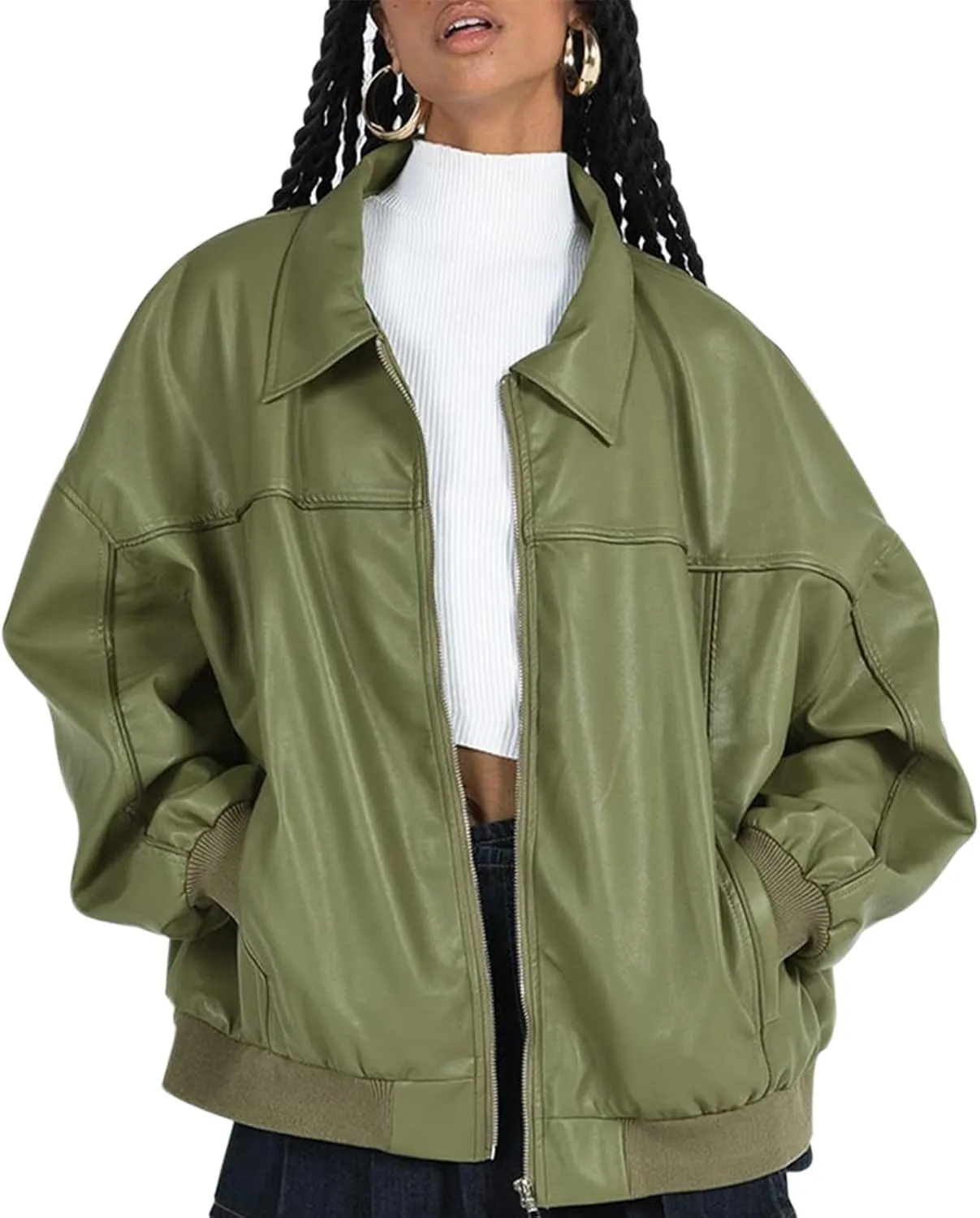 Owl's-Yard Women Leather Biker Jacket Long Sleeves Zip Up Motorcycle Jacket PU Moto Varsity Bomber Jackets Streetwear