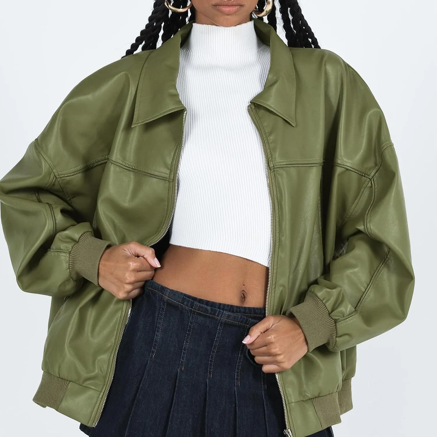 Owl's-Yard Women Leather Biker Jacket Long Sleeves Zip Up Motorcycle Jacket PU Moto Varsity Bomber Jackets Streetwear