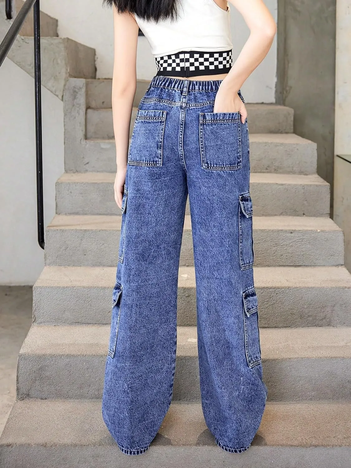 OYOANGLE Girl's Elastic Waist Wide Leg Jean Denim Pants Streetwear Long Pants with Pocket