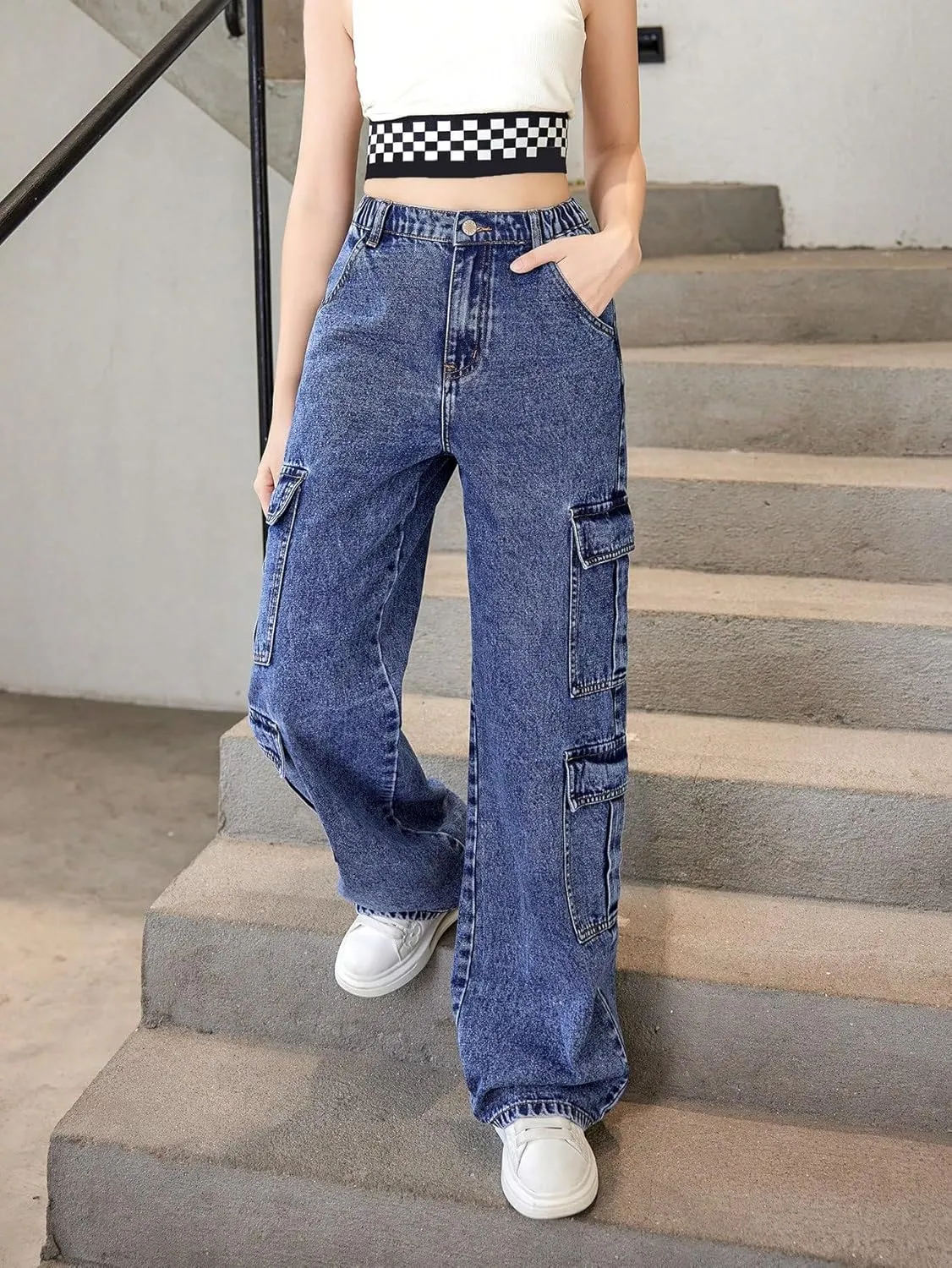 OYOANGLE Girl's Elastic Waist Wide Leg Jean Denim Pants Streetwear Long Pants with Pocket
