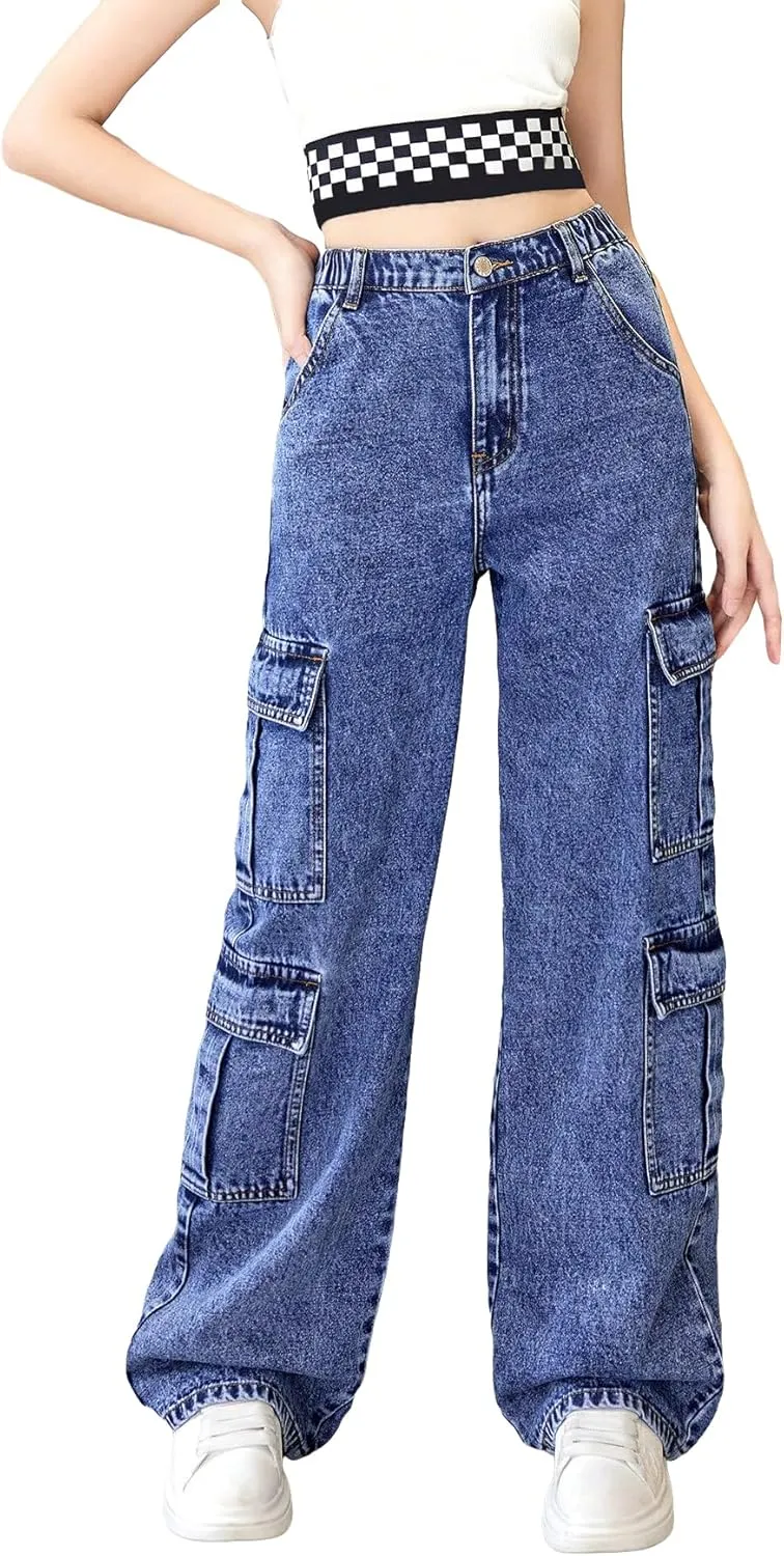 OYOANGLE Girl's Elastic Waist Wide Leg Jean Denim Pants Streetwear Long Pants with Pocket