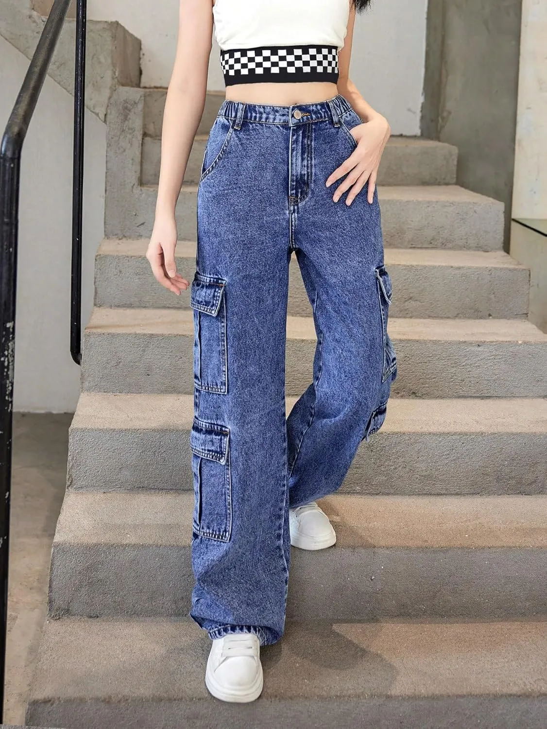 OYOANGLE Girl's Elastic Waist Wide Leg Jean Denim Pants Streetwear Long Pants with Pocket