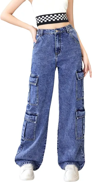 OYOANGLE Girl's Elastic Waist Wide Leg Jean Denim Pants Streetwear Long Pants with Pocket
