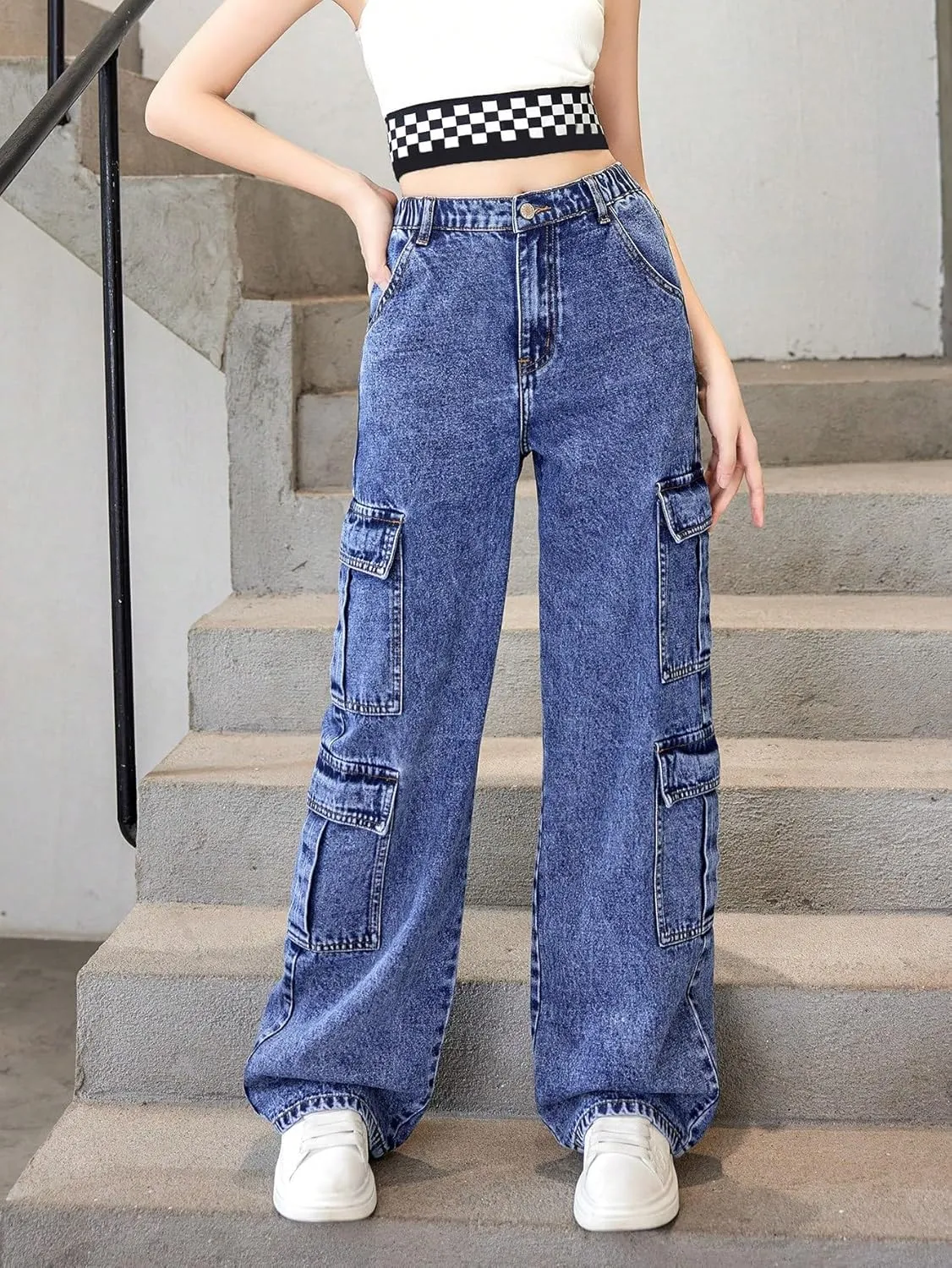 OYOANGLE Girl's Elastic Waist Wide Leg Jean Denim Pants Streetwear Long Pants with Pocket