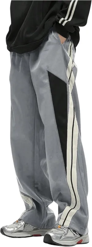 OYOANGLE Men's Colorblock Drawstring Waist Straight Wide Leg Baggy Pants with Pocket