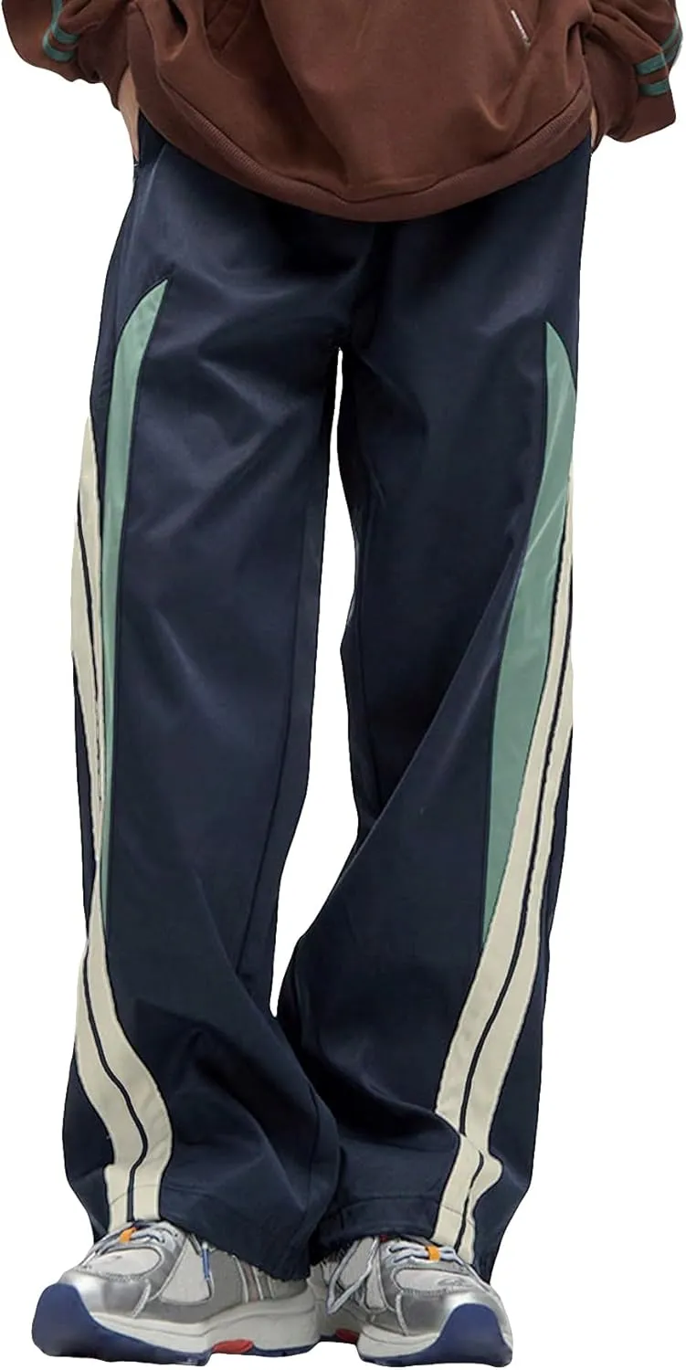 OYOANGLE Men's Colorblock Drawstring Waist Straight Wide Leg Baggy Pants with Pocket