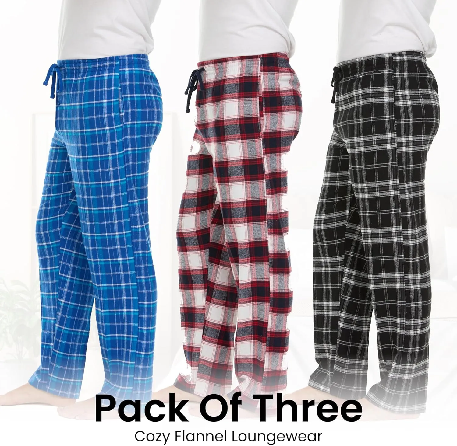 Pajama Pants for Men - 3 Pack Pajama Bottoms - Cotton Blend Flannel Plaid Lounge Pants, Comfortable PJ Pants