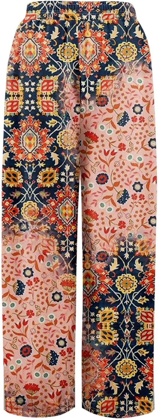 Palazzo Pants for Women Casual Boho Wide Leg Elastic High Waist Adjustable Knot Flowy Pants with Pockets