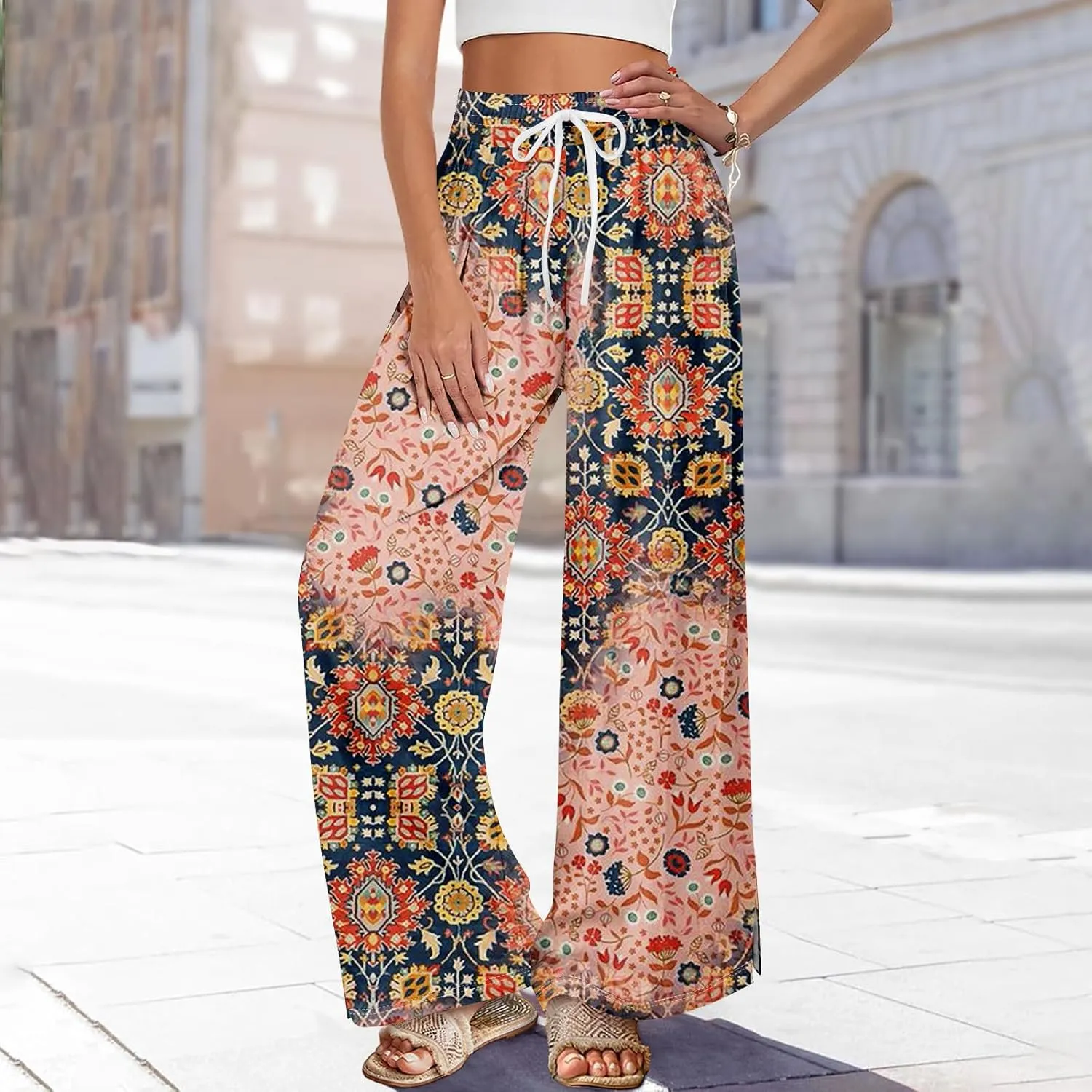 Palazzo Pants for Women Casual Boho Wide Leg Elastic High Waist Adjustable Knot Flowy Pants with Pockets