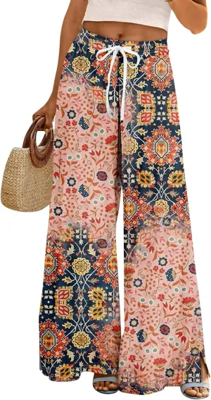 Palazzo Pants for Women Casual Boho Wide Leg Elastic High Waist Adjustable Knot Flowy Pants with Pockets