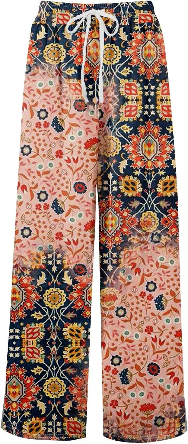 Palazzo Pants for Women Casual Boho Wide Leg Elastic High Waist Adjustable Knot Flowy Pants with Pockets