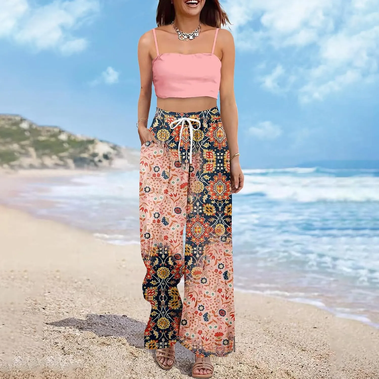 Palazzo Pants for Women Casual Boho Wide Leg Elastic High Waist Adjustable Knot Flowy Pants with Pockets