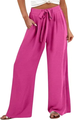 Palazzo Pants for Women Casual Wide Leg Pants Ruffle Smocked High Waisted Pant Flowy Boho Beach Trousers with Pocket
