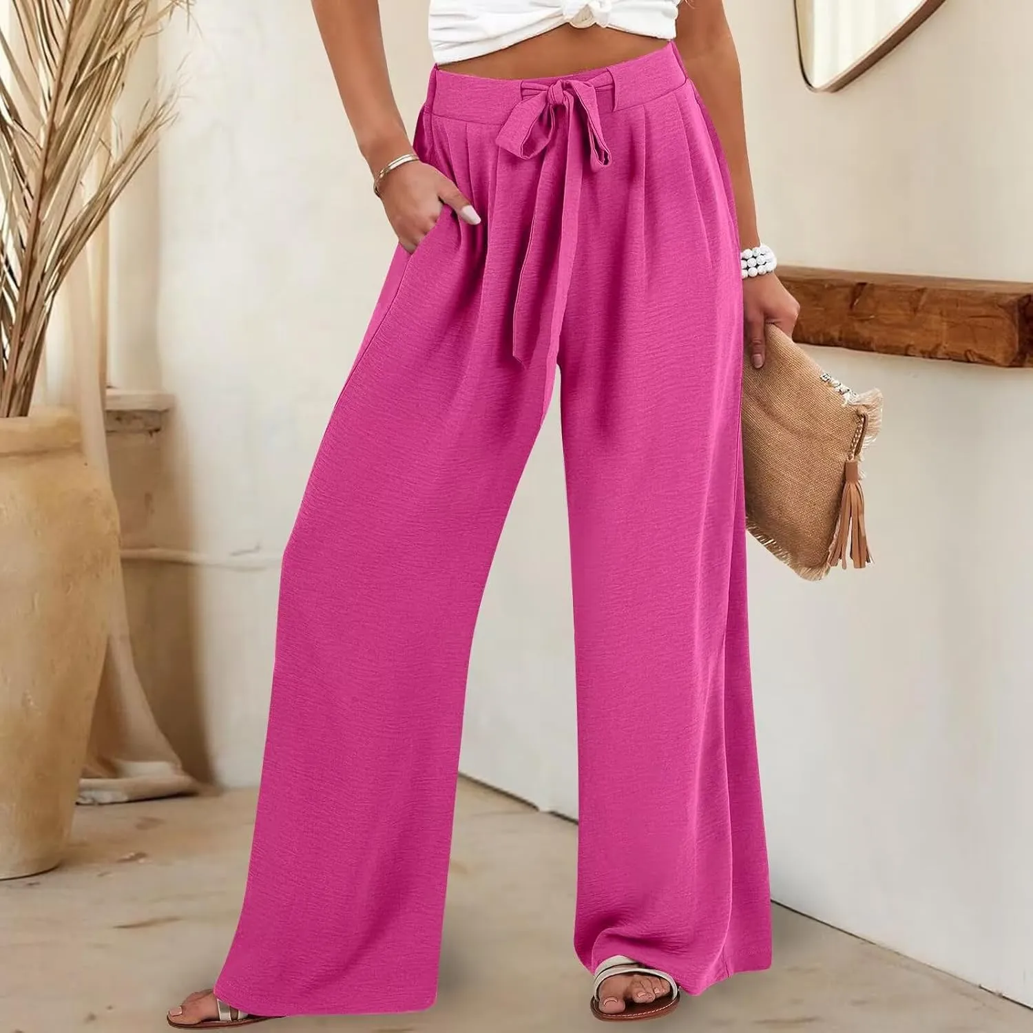Palazzo Pants for Women Casual Wide Leg Pants Ruffle Smocked High Waisted Pant Flowy Boho Beach Trousers with Pocket