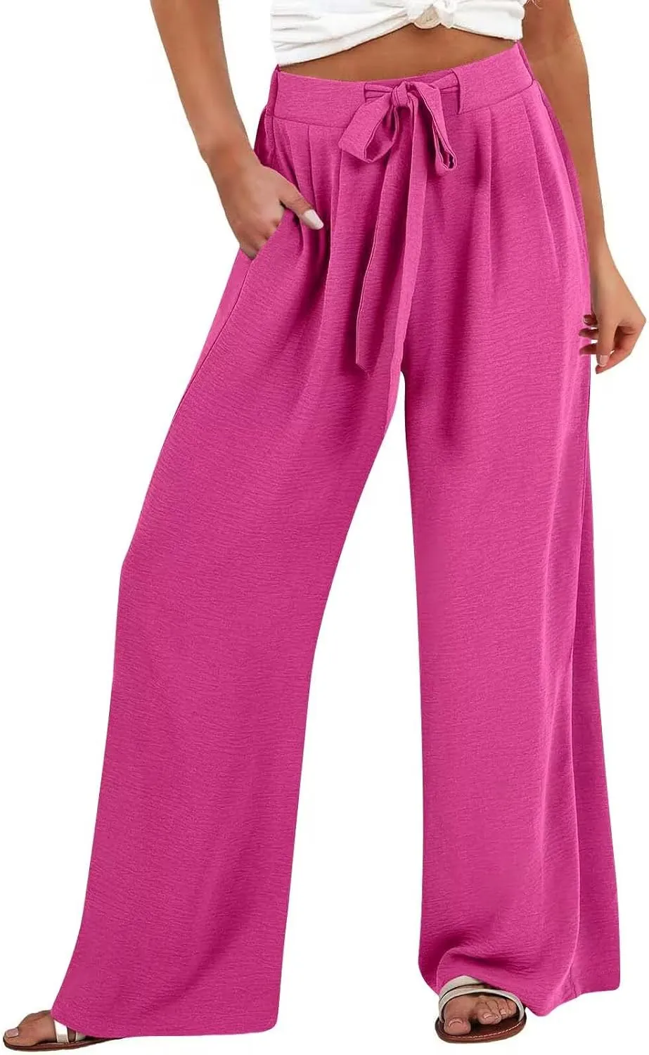 Palazzo Pants for Women Casual Wide Leg Pants Ruffle Smocked High Waisted Pant Flowy Boho Beach Trousers with Pocket