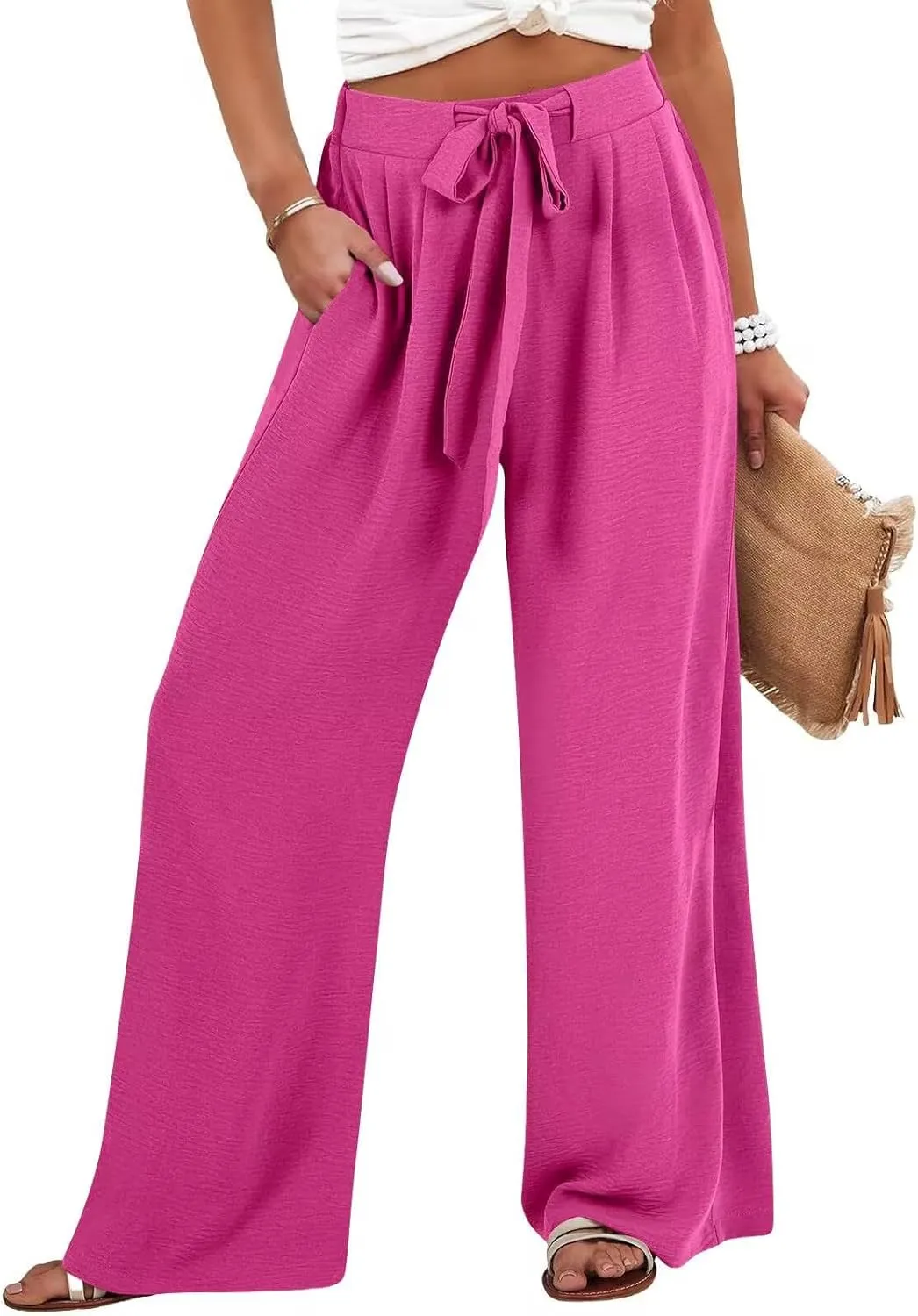Palazzo Pants for Women Casual Wide Leg Pants Ruffle Smocked High Waisted Pant Flowy Boho Beach Trousers with Pocket