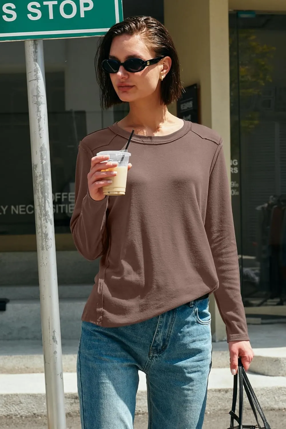 Panadila Womens Long Sleeve Crewneck Shirts Oversized Casual Pullover Tops Loose Fit Layering Top Spring Basic Tee