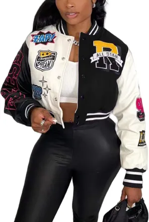 Perbai Women's Cropped Varsity Jacket Colorblock Letter Print Button Down Letterman Bomber Coat with Pockets Y2K Streetwear