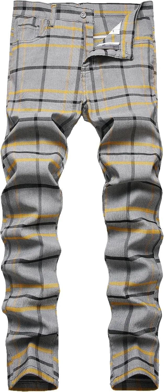 Plaid Pants for Men, Stretch Mens Slim Fit Dress Pants Skinny Flat-Front Fashion Business Casual Chinos Pants