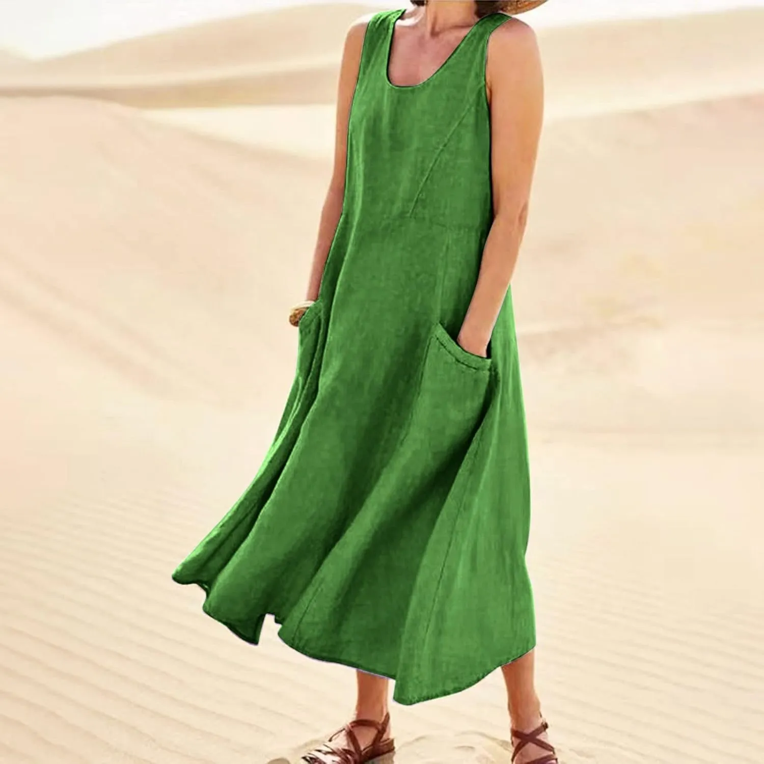 Plus Size Dresses for Curvy Women 2024 Cotton Linen Summer Loose Dress Casual Flowy Pleated Dress with Pocktes