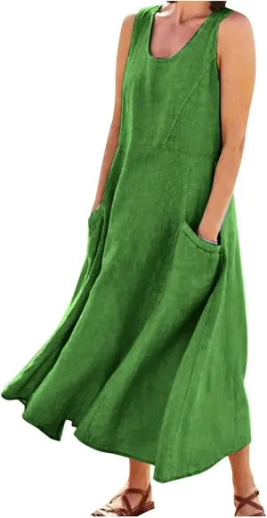 Plus Size Dresses for Curvy Women 2024 Cotton Linen Summer Loose Dress Casual Flowy Pleated Dress with Pocktes