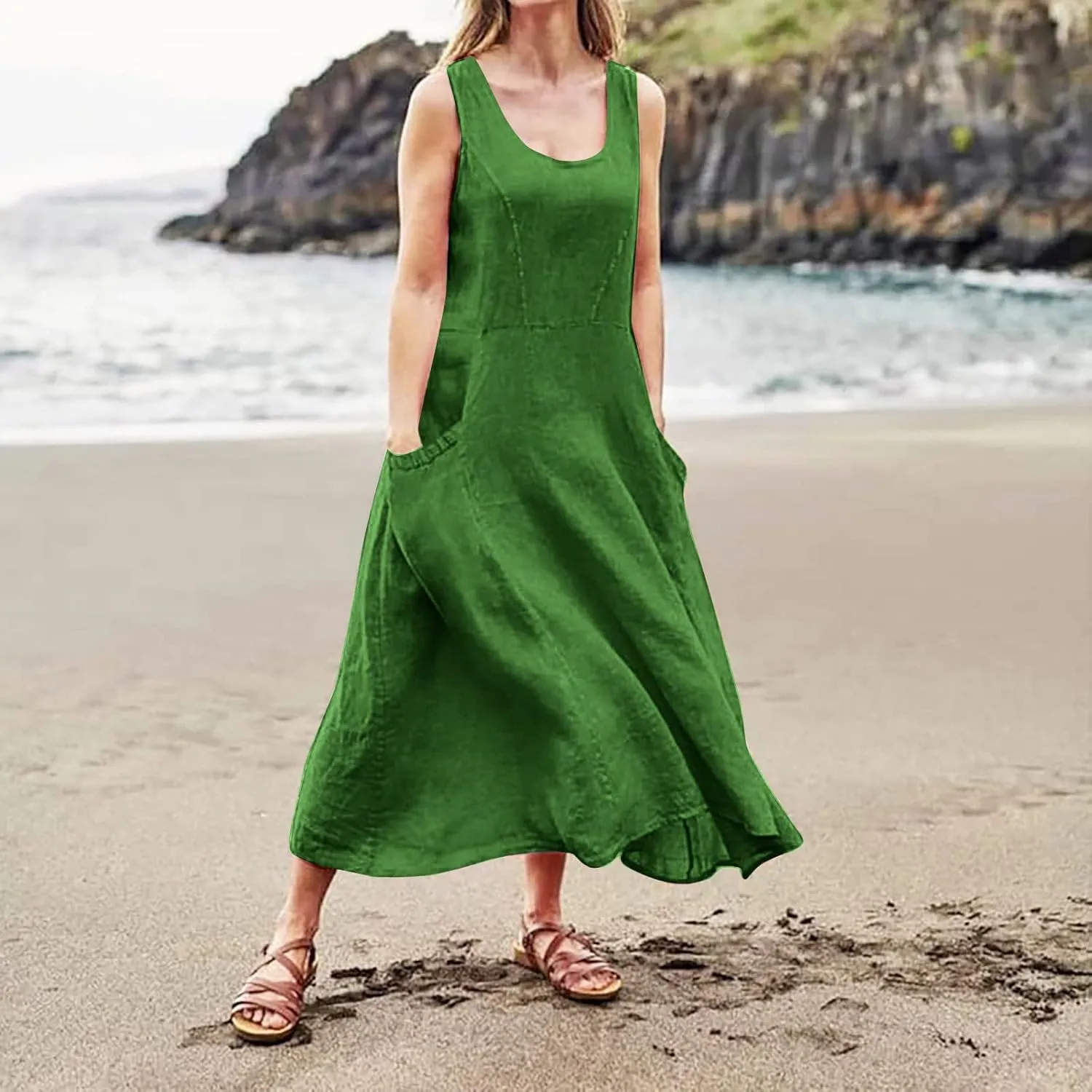 Plus Size Dresses for Curvy Women 2024 Cotton Linen Summer Loose Dress Casual Flowy Pleated Dress with Pocktes