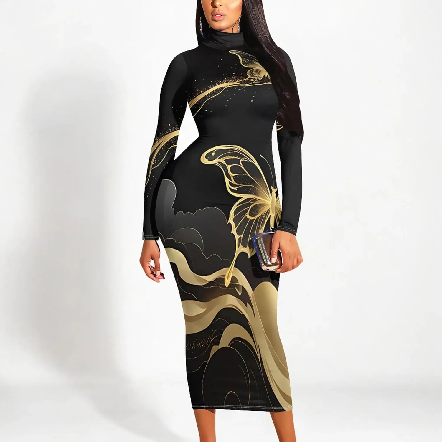 Plus Size Dresses for Curvy Women Sexy Tight Long Sleeve Party Bodycon Midi Dress Casual Elegant Basic Pencil Cocktail Dress