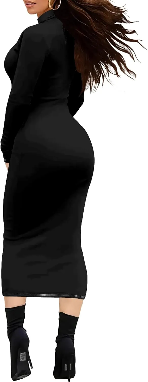 Plus Size Dresses for Curvy Women Sexy Tight Long Sleeve Party Bodycon Midi Dress Casual Elegant Basic Pencil Cocktail Dress