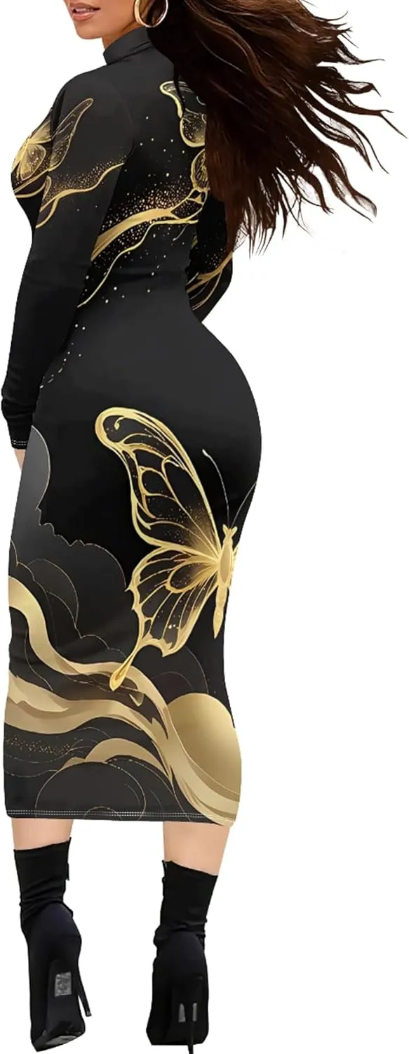 Plus Size Dresses for Curvy Women Sexy Tight Long Sleeve Party Bodycon Midi Dress Casual Elegant Basic Pencil Cocktail Dress